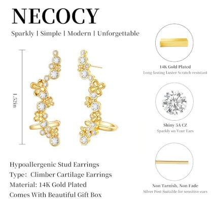Ear Climber Earrings for Women, 14K Gold Plated/Silver Plated | Crawler Earrings Pierced with Cubic Zirconia, Hypoallergenic Cluster Stud Tragus Conch Daith Cartilage Jewelry Gift for Daily - color: Gold-8