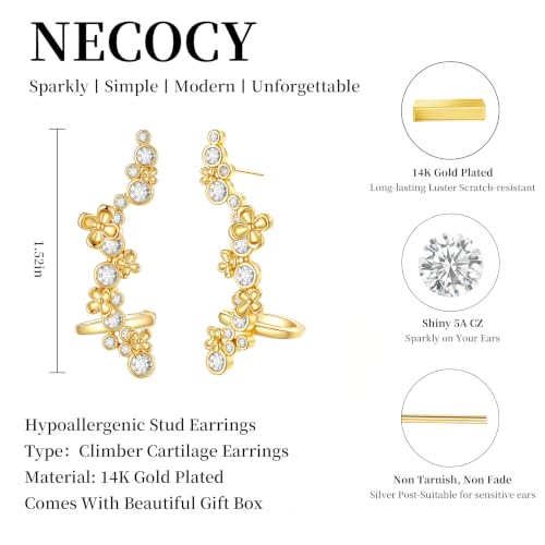 Ear Climber Earrings for Women, 14K Gold Plated/Silver Plated | Crawler Earrings Pierced with Cubic Zirconia, Hypoallergenic Cluster Stud Tragus Conch Daith Cartilage Jewelry Gift for Daily - color: Gold-8