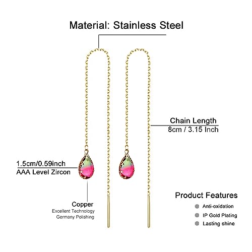 WANGGAO Stainless Steel Water Drop Long Chain Earrings for Women Linear Crystal Threader Earrings Jewelry - color: Green Pink