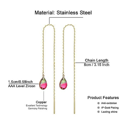 WANGGAO Stainless Steel Water Drop Long Chain Earrings for Women Linear Crystal Threader Earrings Jewelry - color: Green Pink