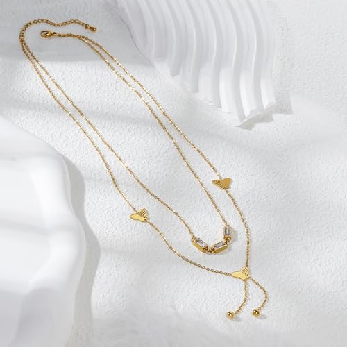Emerald Cut Y Shaped Necklace for Women 18K Gold Plated Double Layered Y Lariat Necklace Jewelry Gift - color: Style11-White