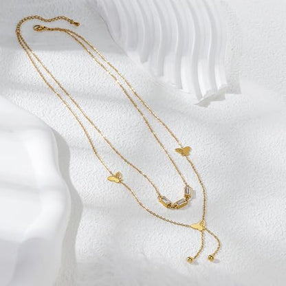Emerald Cut Y Shaped Necklace for Women 18K Gold Plated Double Layered Y Lariat Necklace Jewelry Gift - color: Style11-White