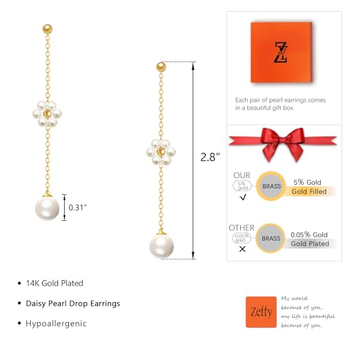 Pearl Earrings for Women 14k Gold/Silver Pearl Drop Earrings Long White Pearl Tassel Dangle Statement Earrings Bridal Wedding Dainty Prom Earrings Birthday Gifts Jewelry - color: Gold Daisy Pearl Drop Earrings