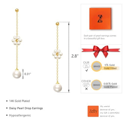 Pearl Earrings for Women 14k Gold/Silver Pearl Drop Earrings Long White Pearl Tassel Dangle Statement Earrings Bridal Wedding Dainty Prom Earrings Birthday Gifts Jewelry - color: Gold Daisy Pearl Drop Earrings