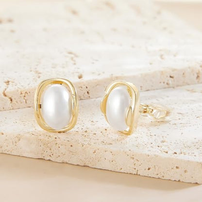 YOQUCOL Natural Stone Trendy Clip On Stud Earrings for Women Gold Plated Non Pierced Statement Earrings Fashion Jewelry - color: Oval-Pearl