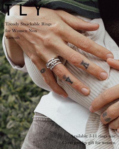 Gold Silver Stackable Rings for Women Mixed Metal Interlocked Ring Stack | Multi Ring set non tarnish 14K Gold Plated Cubic Zirconia Fashion trendy Two Tone Connected Bands Statement rings Size 4-11 - color: 02-Silver 4 rings