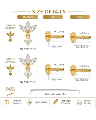 YACHY ASTM F136 G23 Titanium Flat Back Stud Earrings, Internally Threaded Screw-On Hypoallergenic Body Piercing Jewelry for Everyday Wear, Tragus Helix Conch Monroe Medusa Lip, 18G 6mm 8mm - color: Crystal Blossom--2pcs+2bar--Gold, size: 6mm+8mm