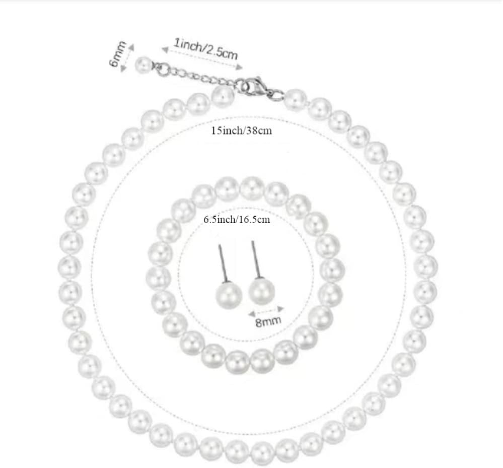 White Faux Pearl Jewelry Set for Women & Girls, Necklace Bracelet Earrings | Hand Knotted Craftsmanship, Glass Material, Daily Elegant Outfit, Gift - style: 15inch