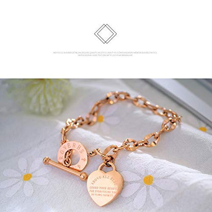 kelistom 316L Stainless Steel Love Heart Charm Bracelet for Women Romantic Gift Silver/Rose/18k Gold Plated OT Clasp Bracelets - color: rose gold