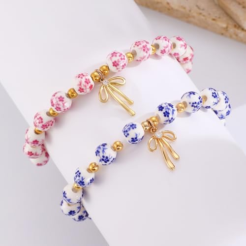 3PCS Bow Beaded Jewelry Set for Women Vintage Handmade Flower Blue And White Porcelain Enamel Ribbon Necklace Bracelet and Earrings Bow Christmas Birthday Holiday Charm Romantic Jewelry Gifts - style: Style A