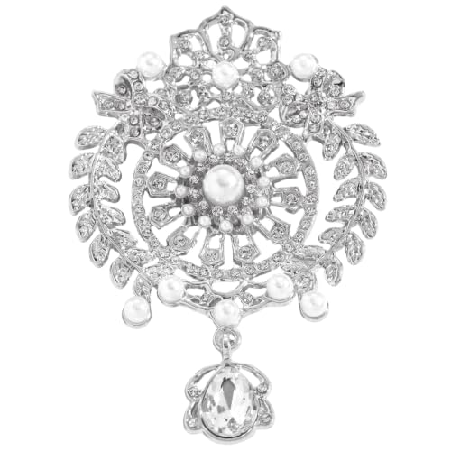 Vintage Floral Rhinestone Brooch Pin for Women Elegant Teardrop Crystal Faux Pearl Corsage Lapel Suit Scarf Dress Hat Art Deco Costume Jewelry - color: Silver