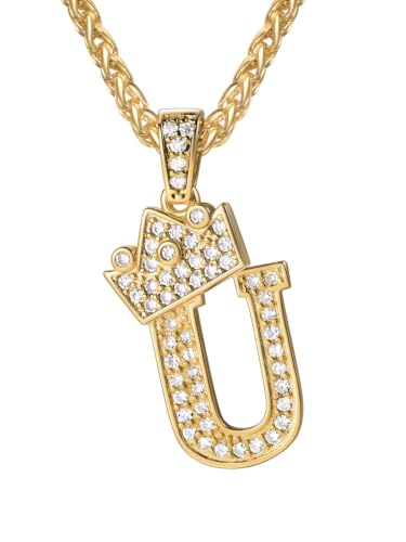 U7 Crown Initial Necklace Men Women, Bling Diamond A-Z 0-9 Letter Pendant with Wheat Chain, Silver/Black/Gold Plated CZ Alphabet Number Hip Hop Jersery for Father Husband - color: a. Gold, size: 21. U