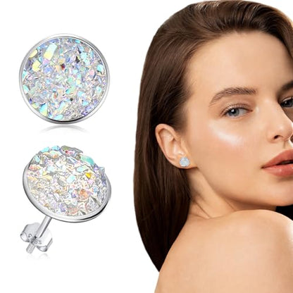Silver-tone Faux Druzy Stud Earrings，925 Sterling Silver Hypoallergenic Natural Gemstone Earrings for Women Trendy Fashion - color: White