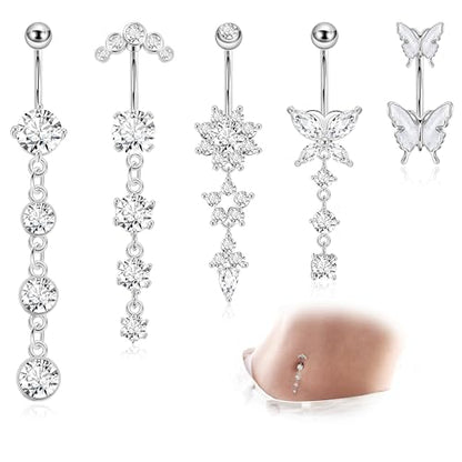 REVOLIA 5Pcs 14G Surgical Steel Dangle Belly Button Ring for Women Dangle Navel Ring Curved Belly Rings CZ Butterfly Barbell Body Piercing Jewelry - color: Silver, size: Bar Length 6MM