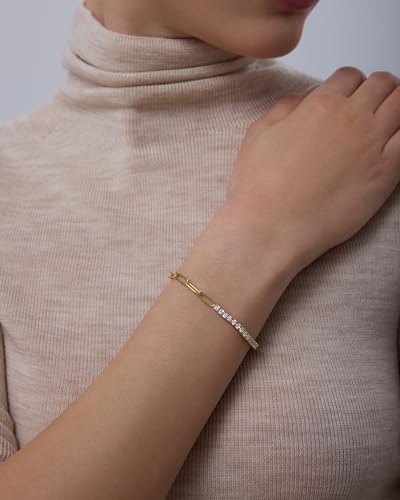 PAVOI 14K Gold Plated Paperclip Tennis Bracelets for Women - Link Chain Gold Bracelet for Women with Cubic Zirconia - Adjustable Trendy Bridal Jewelry - color: Yellow Gold