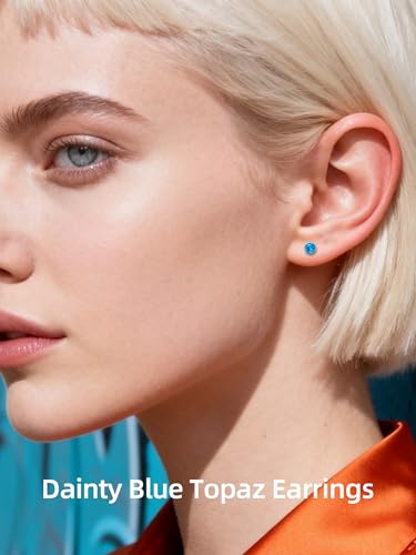 Neshat Tiny Birthstone Earrings for Women, 925 Sterling Silver Bezel Crystal Stud Earrings, 4mm Minimalist Sapphire/Amethyst/Aquamarine/Emerald Earrings Studs - style: 12. December-Created Blue Topaz