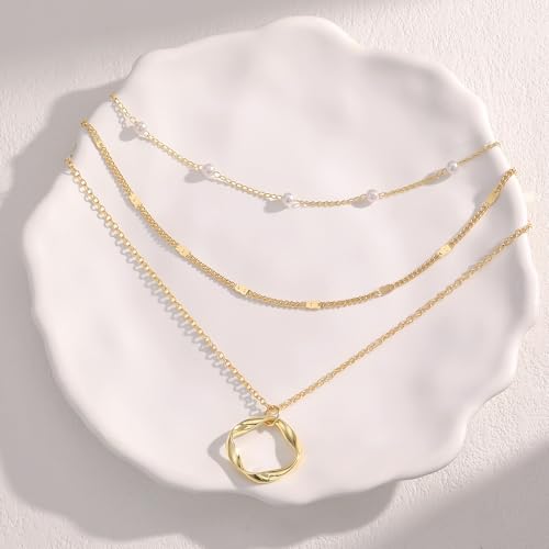 Evabelle Gold Layered Necklace for Women Trendy Jewelry 14K Real Gold Plated Chunky Chain Stackable Necklaces Dainty Choker Necklaces Rectangle Square Pendant - color: Gold Necklace 04
