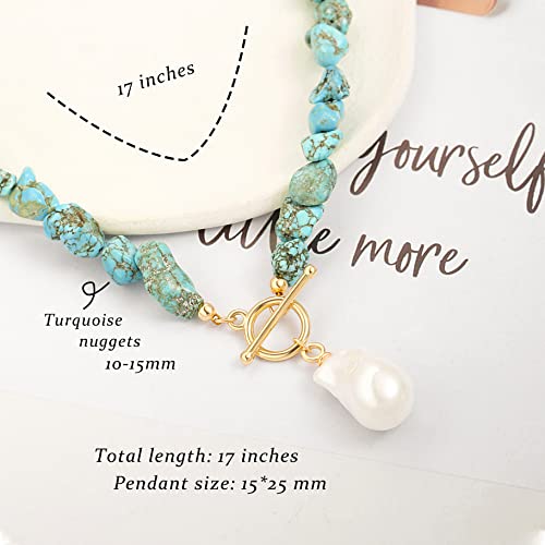 18k Gold Plated Chain Link Necklace for Women, Baroque Pearl/Compass Pendant Necklace - color: Turquoise Baroque