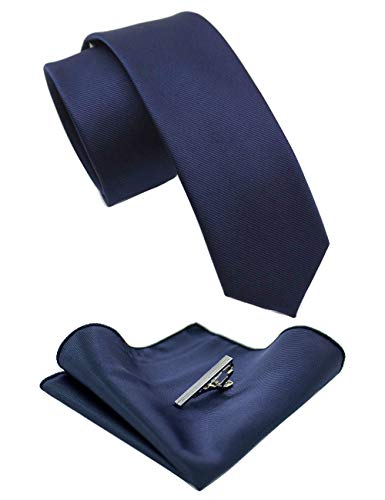 JEMYGINS 2.4" Solid Color Skinny Tie and Pocket Square with Tie Clip Sets for Men (6cm) - color: Navy Blue