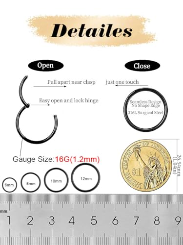AMASIS Nose Rings and Nose Studs Set, Stainless Steel Hinged Nose Hoops and CZ Studs, Select Sizes and Styles for Nostril Septum Cartilage Piercing Jewelry - color: Black, size: 2-Piece Hoops,16Gauge,12mm