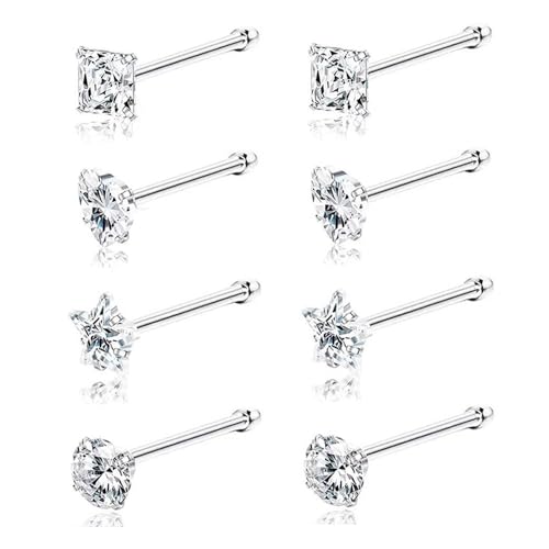 SEEDRILL 8Pcs 20G Nose Rings studs for Woman Hypoallergenic Nose Studs 316L Surgical Steel with Gold Plated Nose Piercings Jewelry 3mm CZ L Shape Nose Rings 20 Gauge Nose Stud Nose Screw Studs - style: 8Pcs/18G/3mm CZ/Straight Bar/Silver