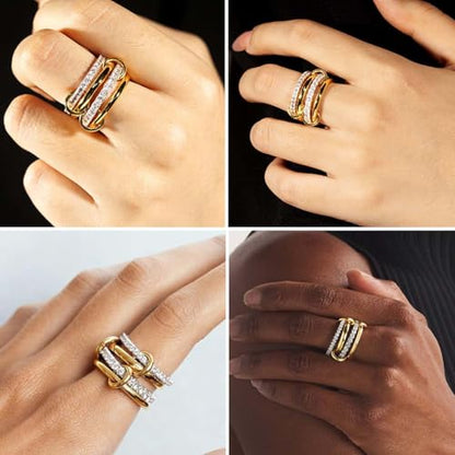 Gold Stackable Rings for Women Non Tarnish, 18k Gold Plated Cubic Zirconia Rings, Silver Multi-Link Connected Knuckle Women Stack Rings Set - color: Gold Silver, size: 9