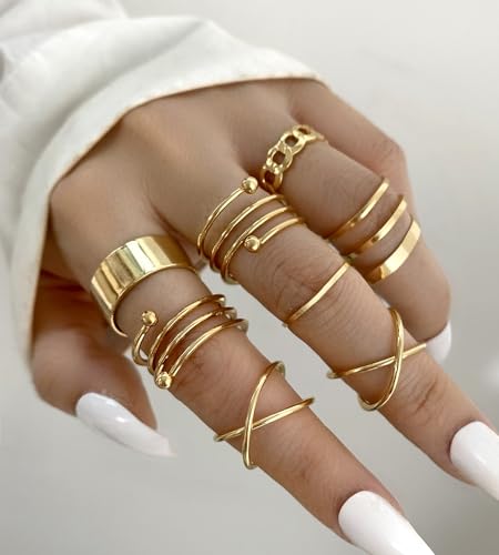 YEEZII 25 Pcs Gold Knuckle Rings Set for Women, Cute Stackable Finger Midi Rings, Dainty Gold Chunky Stacking Statement Womens ring pack - color: Gold-21 Pcs