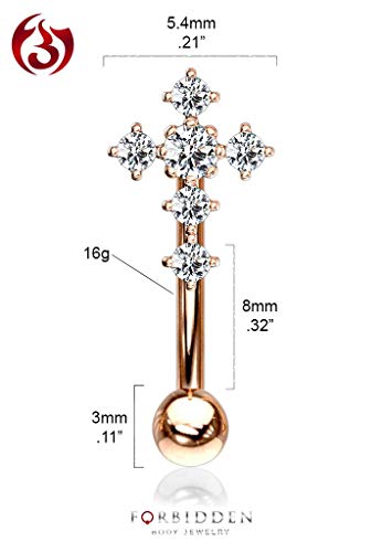 Forbidden Body Jewelry 16g 8mm Surgical Steel Curved Barbell for Daith, Eyebrow, Rook & Belly Button with CZ Cross Top - color: Rose Gold Tone