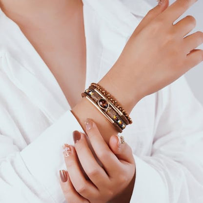 Boho Leather Wrap Bracelets Beaded Stackable Cuff Bracelet Country Concert Outfits Cowboy Cowgirl Western Jewelry Gifts for Women - color: Crystal-Brown