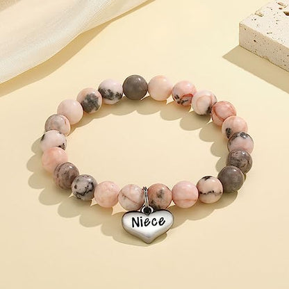 MIXJOY Inspirational Gifts for Women, Heart Charm Pink Elastic Beads Bracelet, Positive Affirmations Get Well Soon Gifts - style: niece charm to my niece never pink