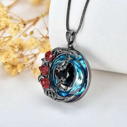TOUPOP Birthstone Necklace Women Sterling Silver Moon Star Birthday Jewelry | Celtic Moon Pendant with Blue Crystal Anniversary Christmas Jewelry Gifts for Wife Mom Her - color: C-Black Crystal-Red Rose