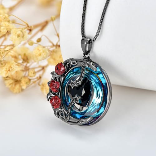 TOUPOP Birthstone Necklace Women Sterling Silver Moon Star Birthday Jewelry | Celtic Moon Pendant with Blue Crystal Anniversary Christmas Jewelry Gifts for Wife Mom Her - color: C-Black Crystal-Red Rose