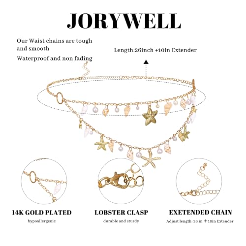 14K Gold Plated Waist Chain for Women Layered Waist Beads Belly Chain Belt, Waterproof Summer Beach Body Jewelry for Bikini, Festival Vacation Accessories for Women - style: Star Shell Pearl