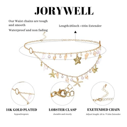 14K Gold Plated Waist Chain for Women Layered Waist Beads Belly Chain Belt, Waterproof Summer Beach Body Jewelry for Bikini, Festival Vacation Accessories for Women - style: Star Shell Pearl