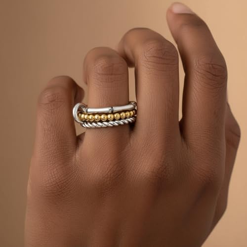 Stackable Rings for Women Non Tarnish Gold Silver Mixed Metal Wedding Band Set Gold Plated Stainless Steel with Cubic Zirconia Dainty Statement Thumb Ring Gift for Christmas Birthday Anniversary Jewelry - style: Silver Triple Band Ring