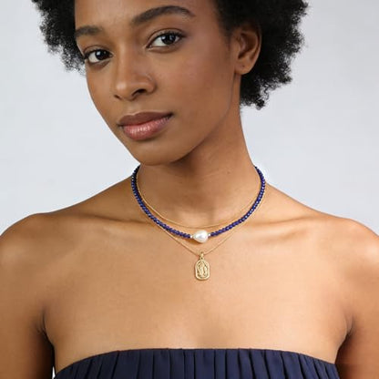 Single Pearl Choker Pendant Necklaces for Women, Natural Gemstone Womens Black Stone Beaded Choker Necklace, Dainty Round Freshwater Pearl Handmade Jewelry Gift Women Birthday Bridesmaids Anniversary 16 18 inch - color: 06-Lapis Lazuli, size: 18"