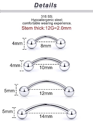 20G 16G 14G 12G Eyebrow Rook Daith Piercing Jewelry 316L Surgical Steel Vertical Lip Labret Belly Button Ring Snake Eyes Tongue Ring Curved Barbell 6mm(1/4") 8mm(5/16") 10mm (3/8") 12mm(1/2") - color: Silver, size: 12G(2.0mm)-8/10/12/14mm Bars