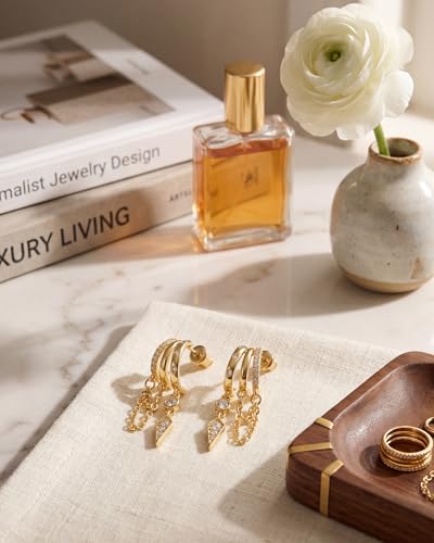 Gold Earrings for Women Trendy 14K Gold Plated Dangle Earrings Small Hoop Huggie Drop Stud Earrings Cubic Zirconia Simple Minimalist Dainty Chain Tassel Hypoallergenic Earrings - color: Chain & Gold