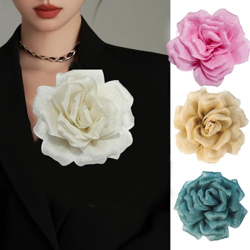 Flash Camellia Flower Brooch Pin for Women Men Elegant Texture Fabric Dahlia Rose Floral Brooches Lapel Pins Dainty Wedding Holiday Party Costume Dress Accessories Jewelry - color: Beige