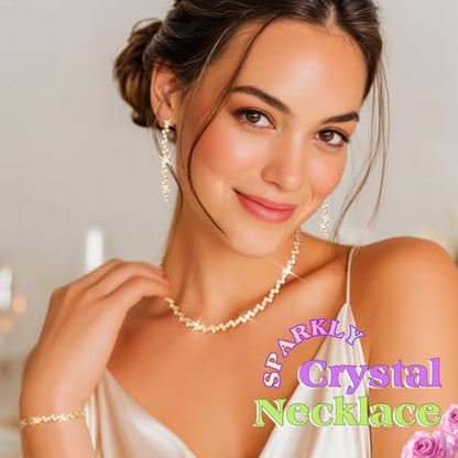 JEAIRTS Rhinestone Tennis Chain Choker Necklace Jewelry Sets for Women | 3Pcs Diamond Bridal Necklace Earrings and Bracelet for Wedding Prom - color: 2-Gold