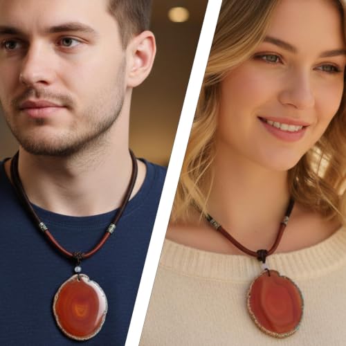 SUNYIK Natural Agate Slice Pendant Necklace for Women Men | Irregular Agate Slice Druzy Geode Pendant Necklace, Adjustable Nylon Rope 17"-29", Boho Healing Crystal Jewelry for Unisex - color: Red