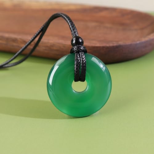 FANASY Natural Gemstone Pendant Necklce Lucky Coin Crystal Necklace Protection Donut Pendnat with Adjustable Rope for Men Women - color: Geen Chalcedony