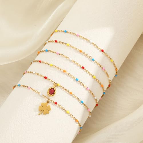 6 PCS Enamel Beaded Chains Bracelet Stainless Steel Link Bracelets | 6.7"+1.18", With Extender Chain, Fashion Jewelry Set, Gift For Women, Colorful, No Fade - color: Colorful Gold