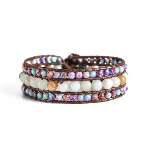 YGLINE Boho Handmade Natural Stone Bead 3 Row Wide Wrap Wrist Statment Bracelet Jewelry Collection - color: regalite ＆amazonite
