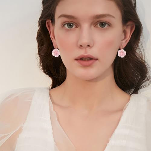 Handmade Bohemian Aesthetic Dainty Acrylic Flower Petal Leverback Earrings Sparkly 14K Gold Floral Dangle Drop Earrings for Women - color: Light Pink