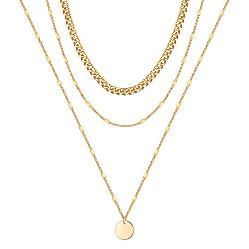 Turandoss Gold Layered Necklaces for Women - 14K Gold Plated Handmade Multilayer Bar Pearls Coin Disc Moon Butterfly Medallion Adjustable Dainty Layered Choker Necklaces for Women Jewelry - style: 3 Layered Necklace - Thick&Chain&Disc