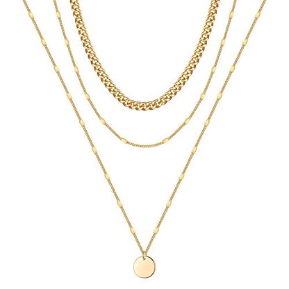 Turandoss Gold Layered Necklaces for Women - 14K Gold Plated Handmade Multilayer Bar Pearls Coin Disc Moon Butterfly Medallion Adjustable Dainty Layered Choker Necklaces for Women Jewelry - style: 3 Layered Necklace - Thick&Chain&Disc