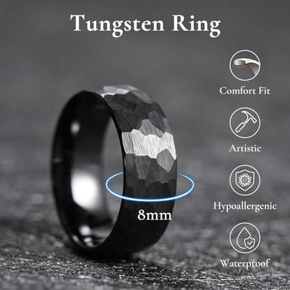 King Will Men's Tungsten Carbide Wedding Ring Hammered Groove Wedding Band Mens Two Tone Engagement Ring for Men and Women Matte Brushed Finish Comfort Fit - color: 8mm black