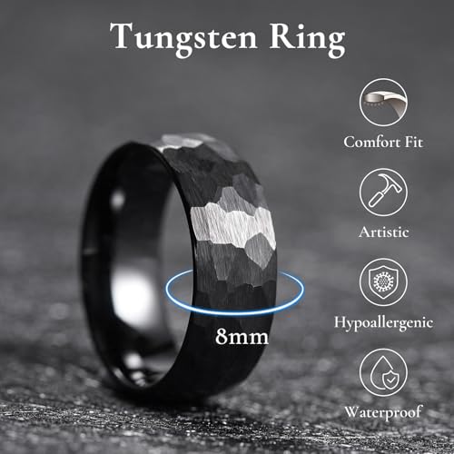 King Will Men's Tungsten Carbide Wedding Ring Hammered Groove Wedding Band Mens Two Tone Engagement Ring for Men and Women Matte Brushed Finish Comfort Fit - color: 8mm black