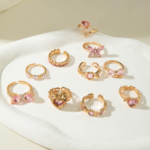 Rrdaily 14K Gold Plated Stackable Knuckle Rings Set for Women Trendy Chunky Simulation Gemstone Signet Rings Dainty Midi Finger Rings Pack Aesthetic Statement Jewelry for Bridesmaid Wedding Gifts - style: 10 Pcs Gold